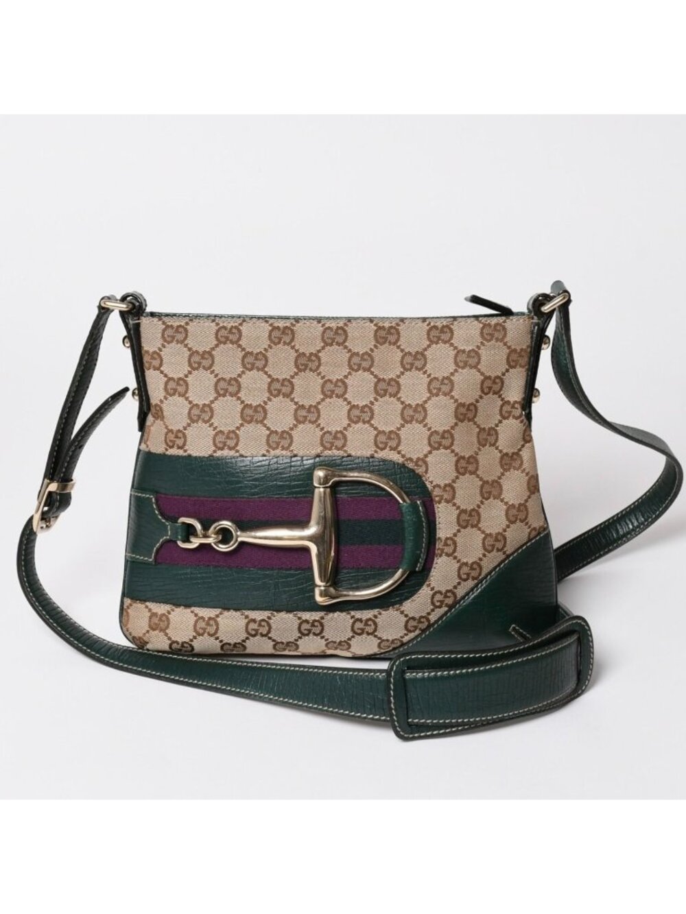 Gucci Guuci Shoulder Bag Horsebit Beige Green Gold
